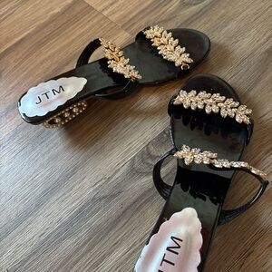 Women's Black Sandals with Gold Embellishments
